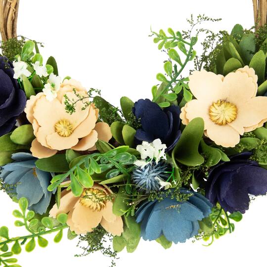 12" Blue & Tan Poppy Floral Wooden Spring Basket Wreath